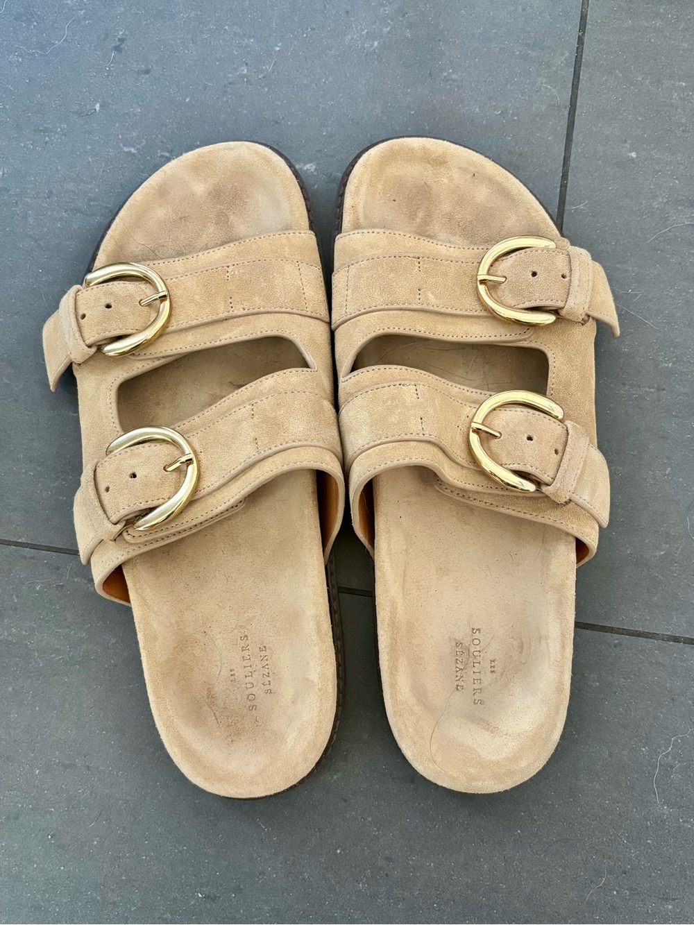 Sezane Szane Beige Double-Buckle Suede Slip-on Sandals
